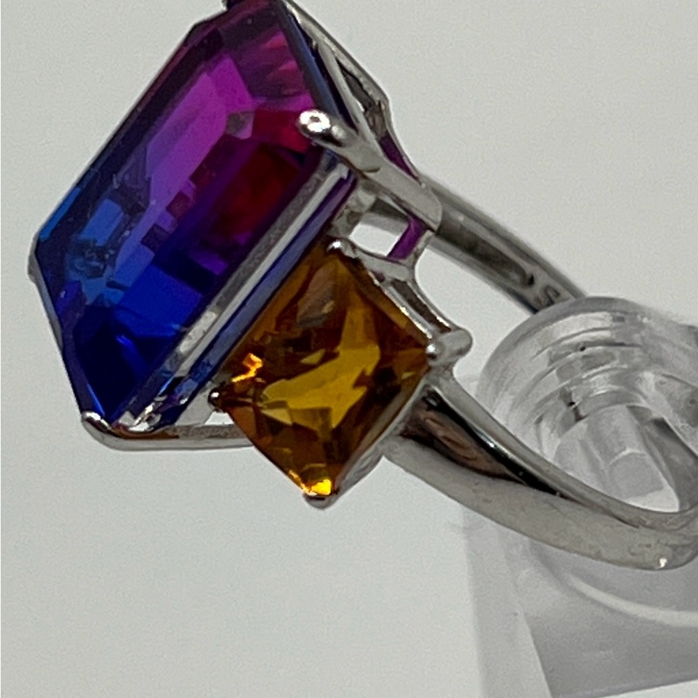 Emerald-Cut Midnite Fusion Doublet Quartz,Checkerboard-Cut Madeira Citrine Ring